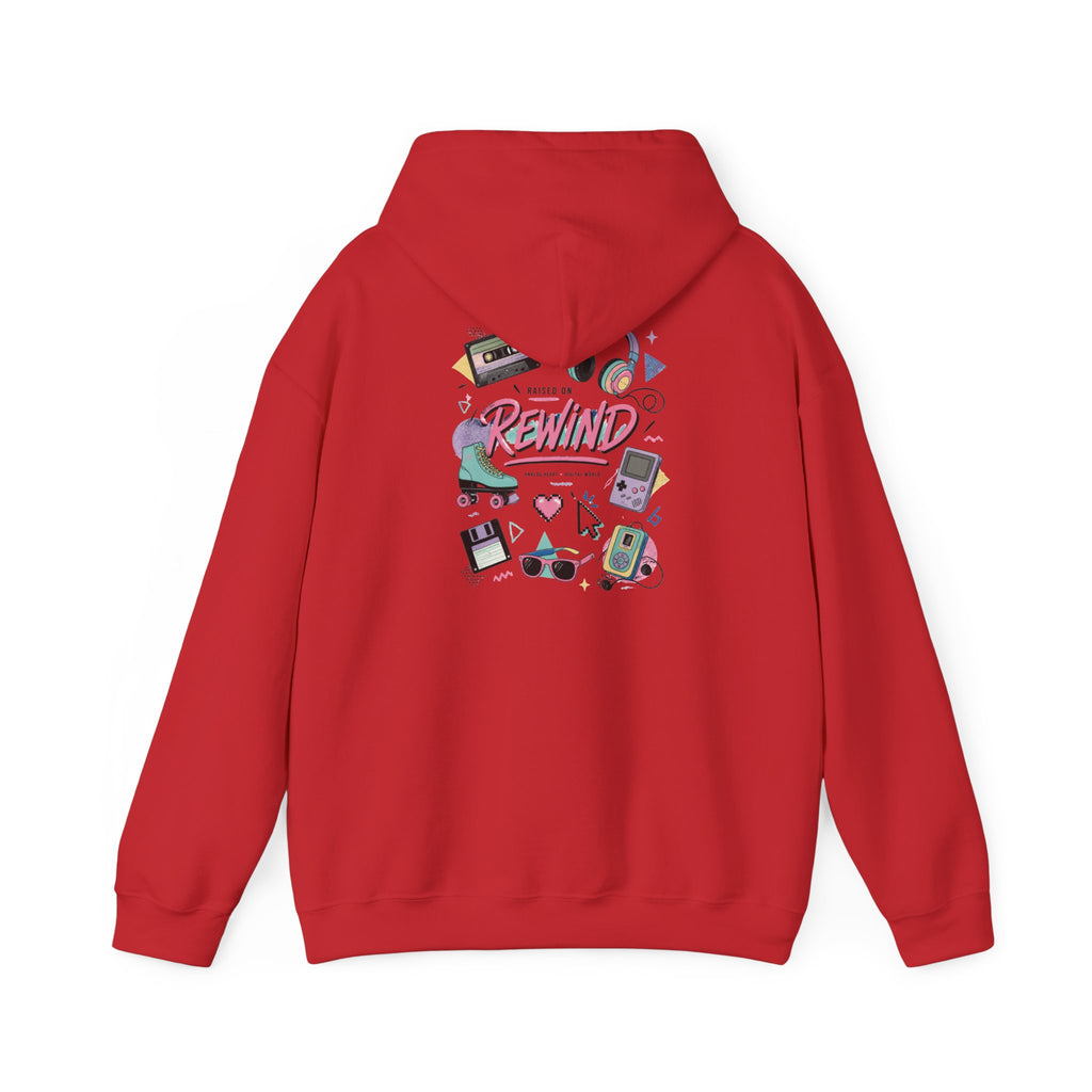 Rewind Retro Hoodie — 'Raise On Rewind' Vintage 90s Electronics Graphic Pullover