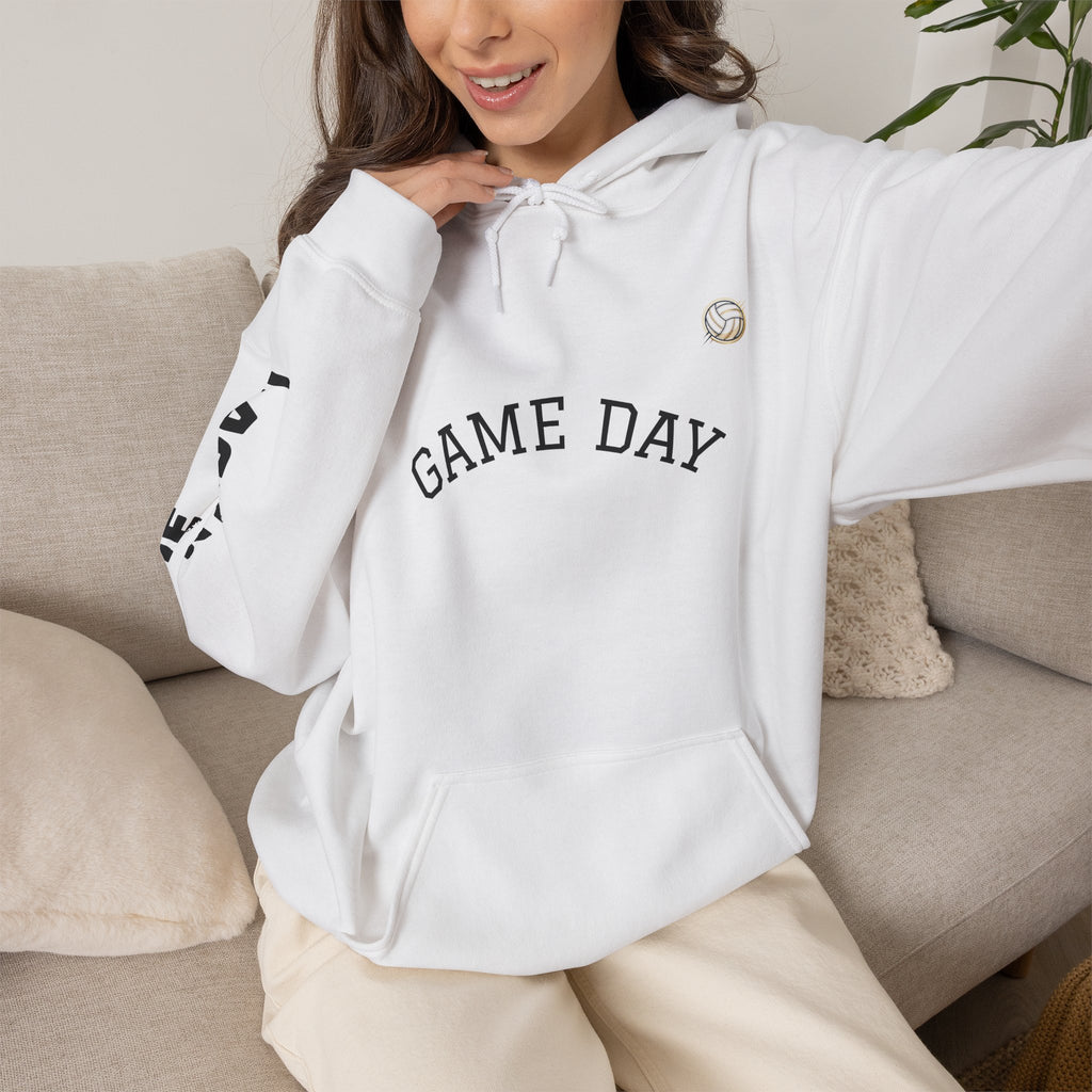 Volleyball Mom Hoodie - "Game Day" Pullover with Leopard & Volleyball Graphic, Custom Last Name Sleeve