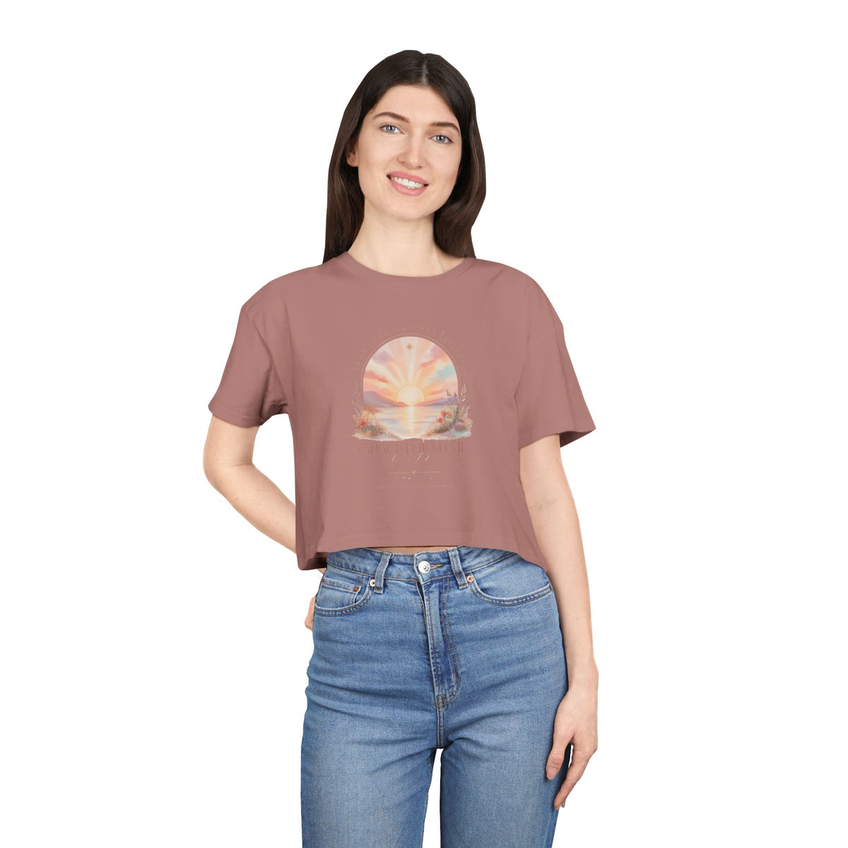 Sunset Arch Crop Tee — "Good Vibes Only" Pastel Boho Graphic