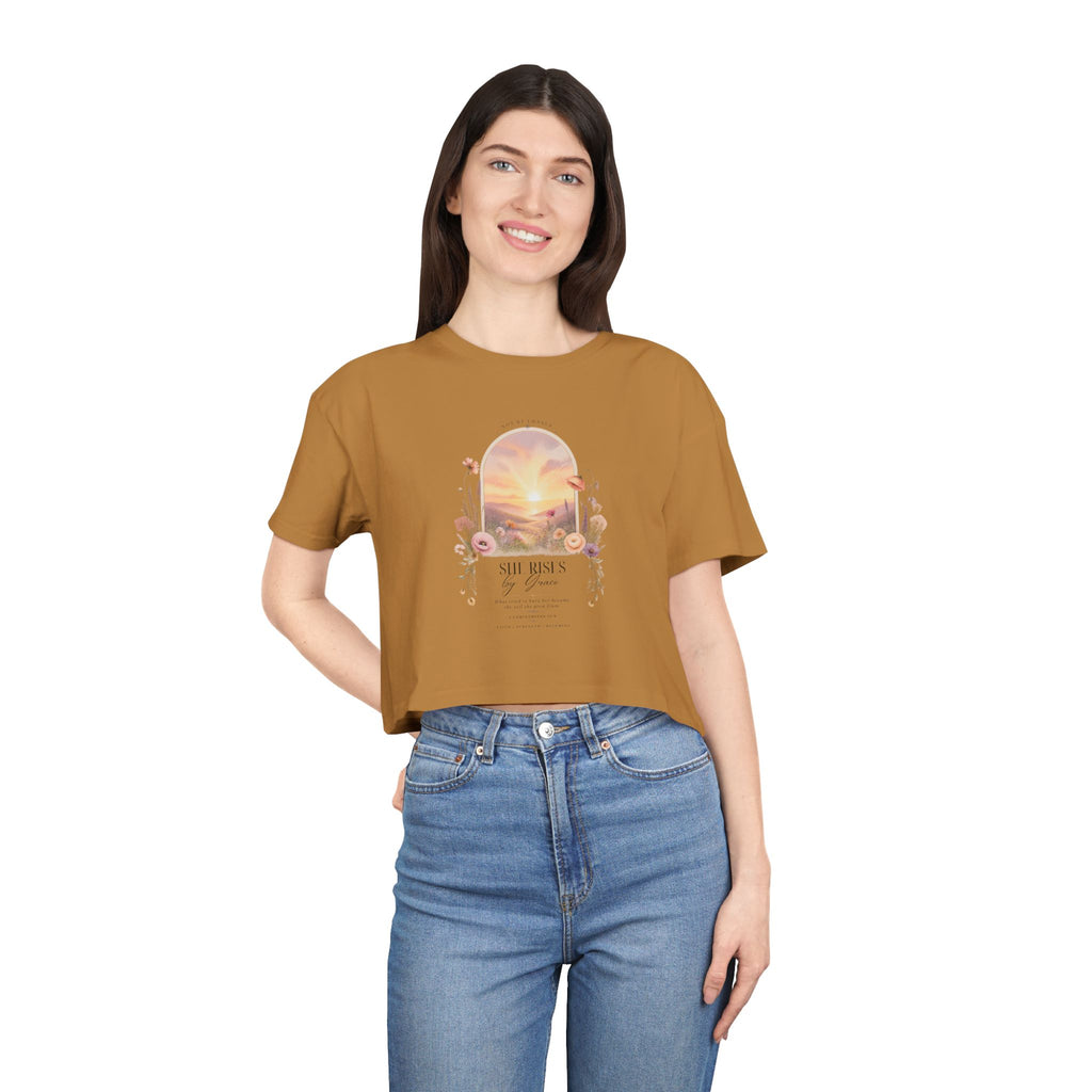 Sunset Floral Crop Tee — 'She Rises' Inspirational Women's Graphic Top
