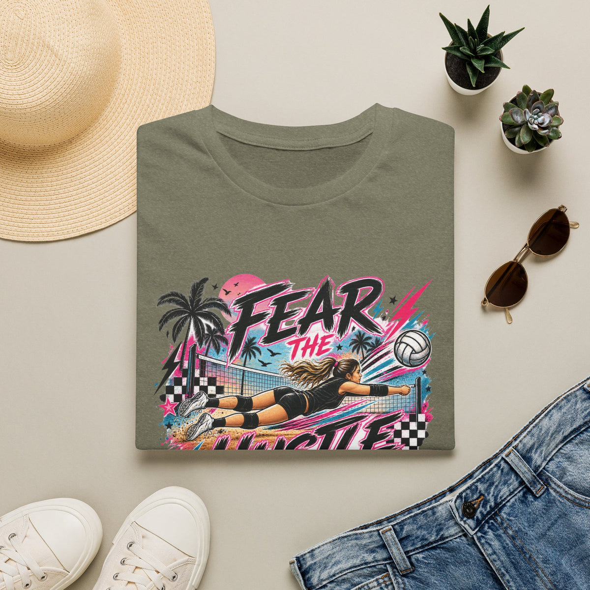Fear The Hustle Volleyball T-Shirt — Retro Palm Beach Volleyball Tee