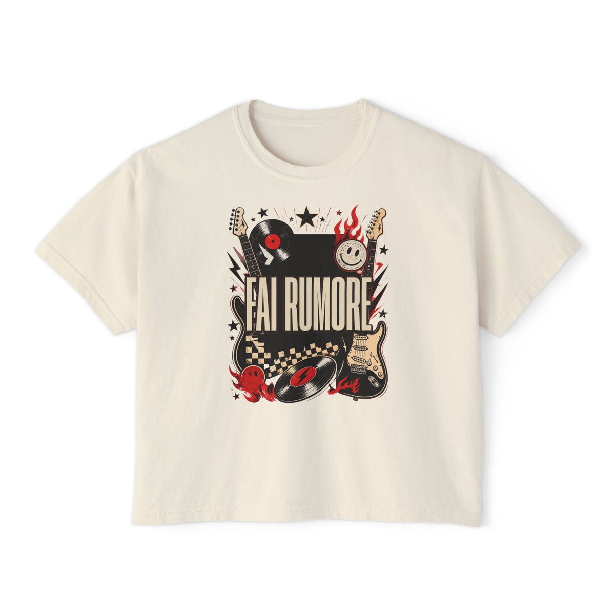 Fai Rumore Graphic Boxy Tee - Vintage Rock Guitar & Vinyl Shirt