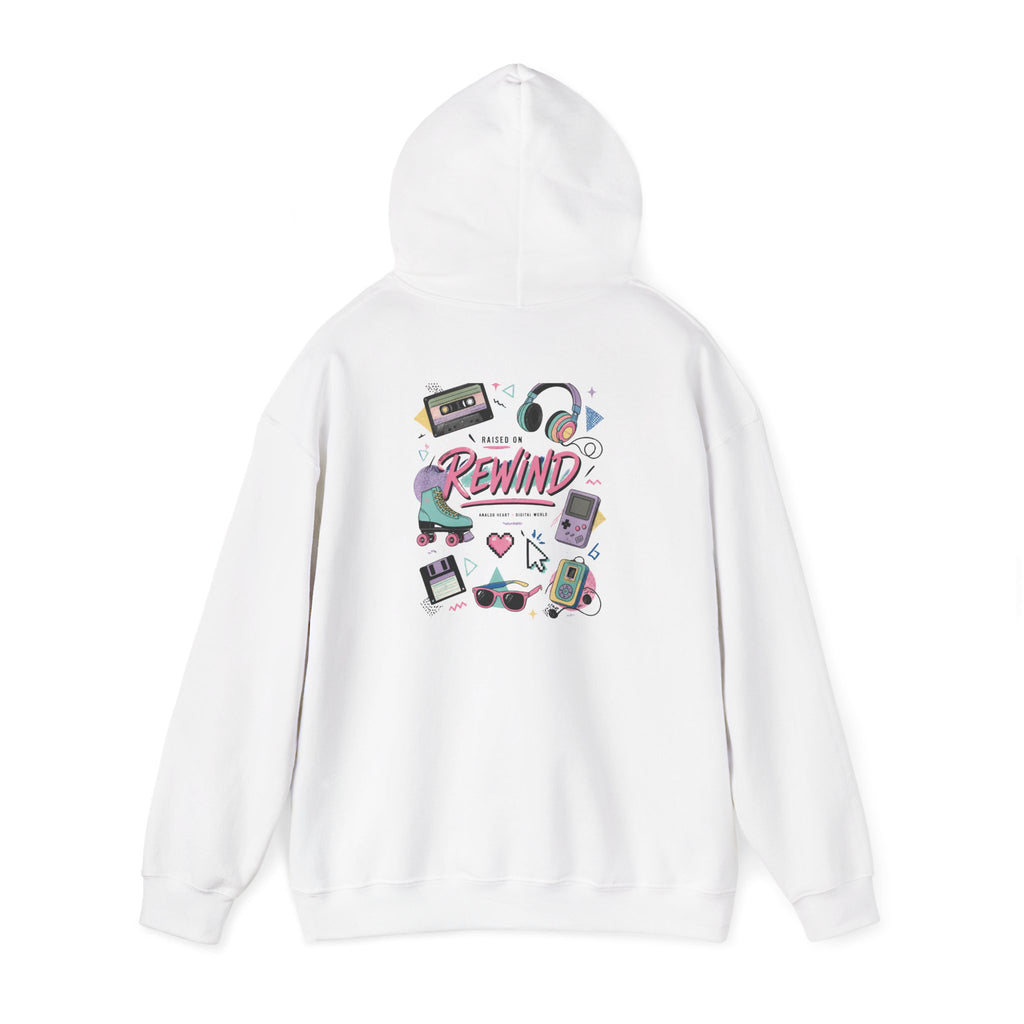 Rewind Retro Hoodie — 'Raise On Rewind' Vintage 90s Electronics Graphic Pullover