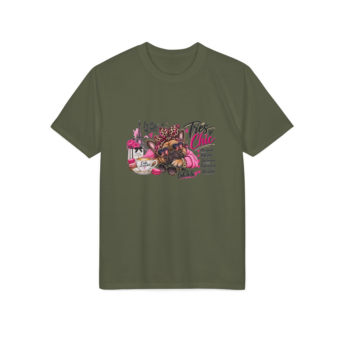 French Bulldog Glam Tee – "Tires Chic" Pink Leopard Spa Design