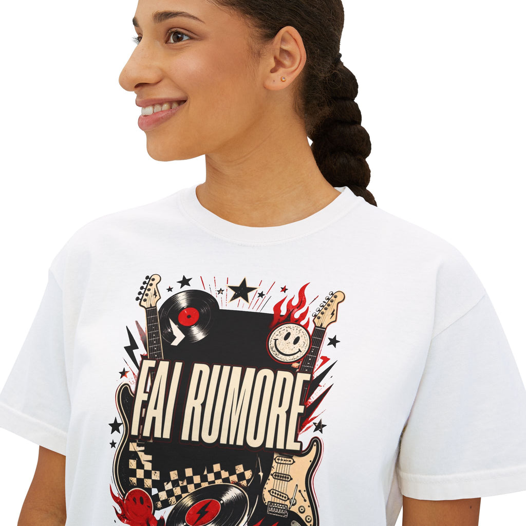 Fai Rumore Graphic Boxy Tee - Vintage Rock Guitar & Vinyl Shirt
