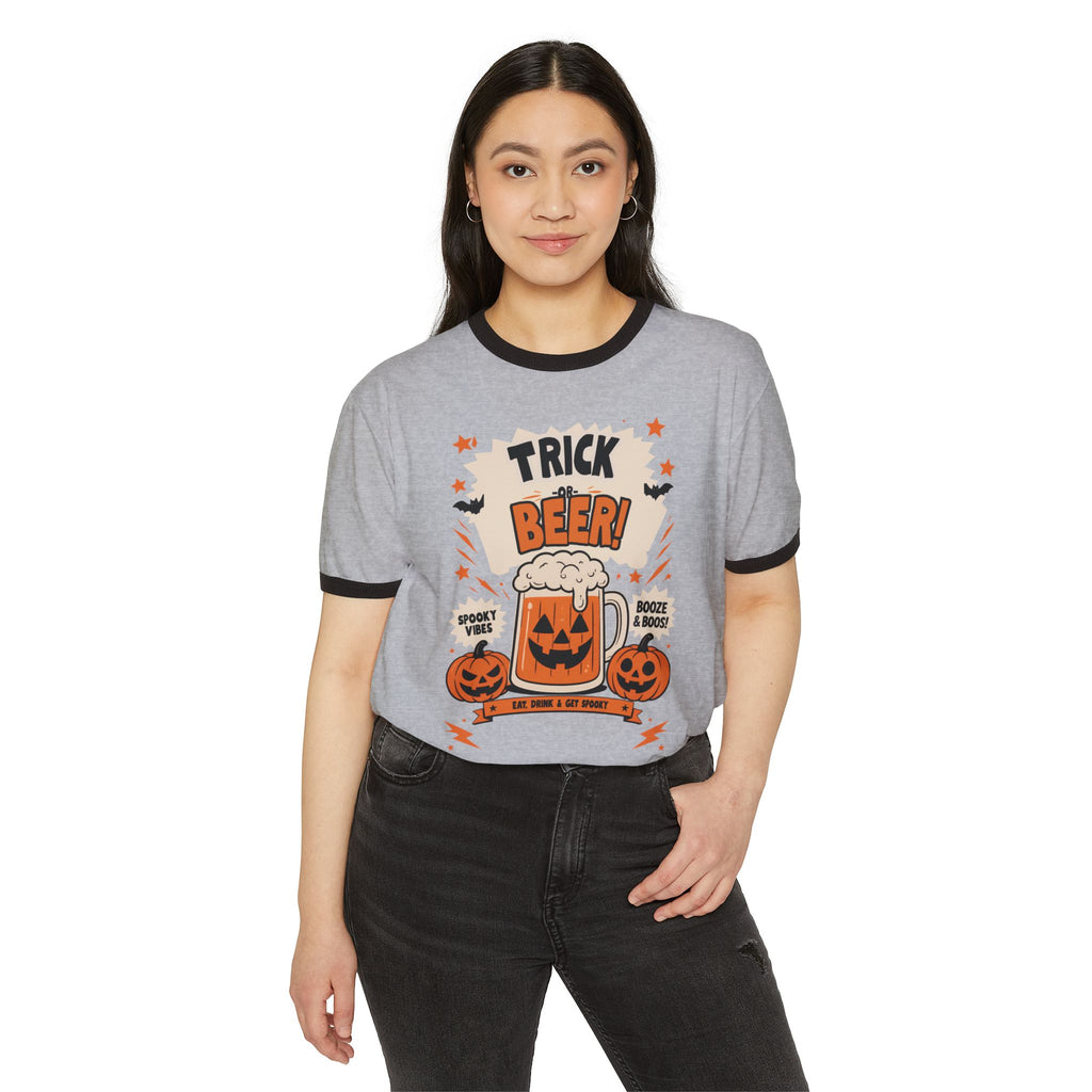 Halloween 'Trick Beer!' Ringer T-Shirt — Pumpkin Beer Mug Graphic
