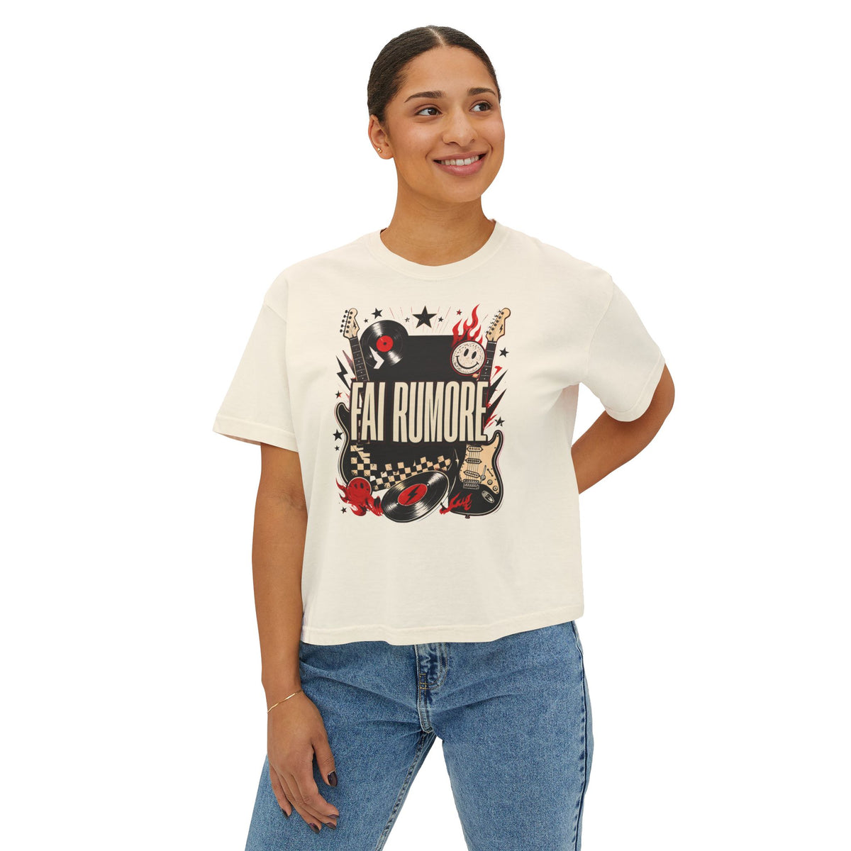 Fai Rumore Graphic Boxy Tee - Vintage Rock Guitar & Vinyl Shirt