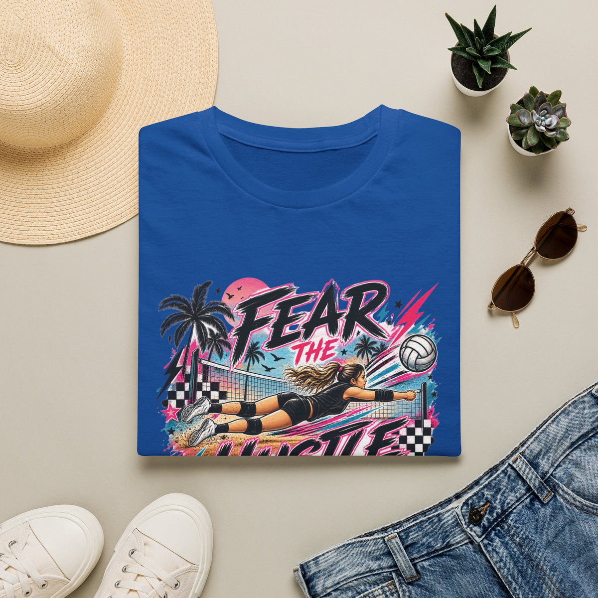 Fear The Hustle Volleyball T-Shirt — Retro Palm Beach Volleyball Tee