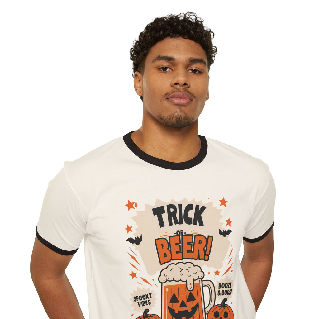 Halloween 'Trick Beer!' Ringer T-Shirt — Pumpkin Beer Mug Graphic