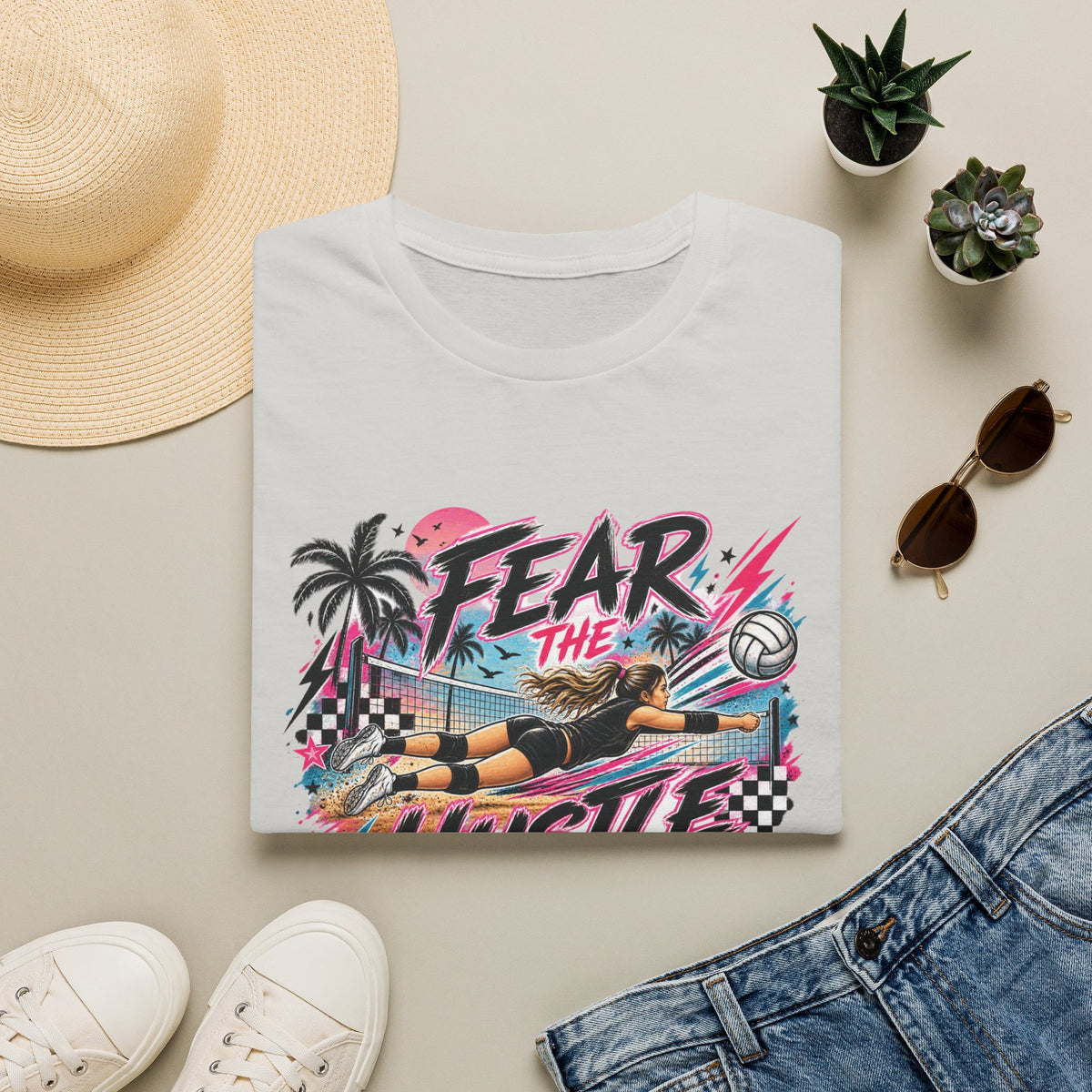 Fear The Hustle Volleyball T-Shirt — Retro Palm Beach Volleyball Tee