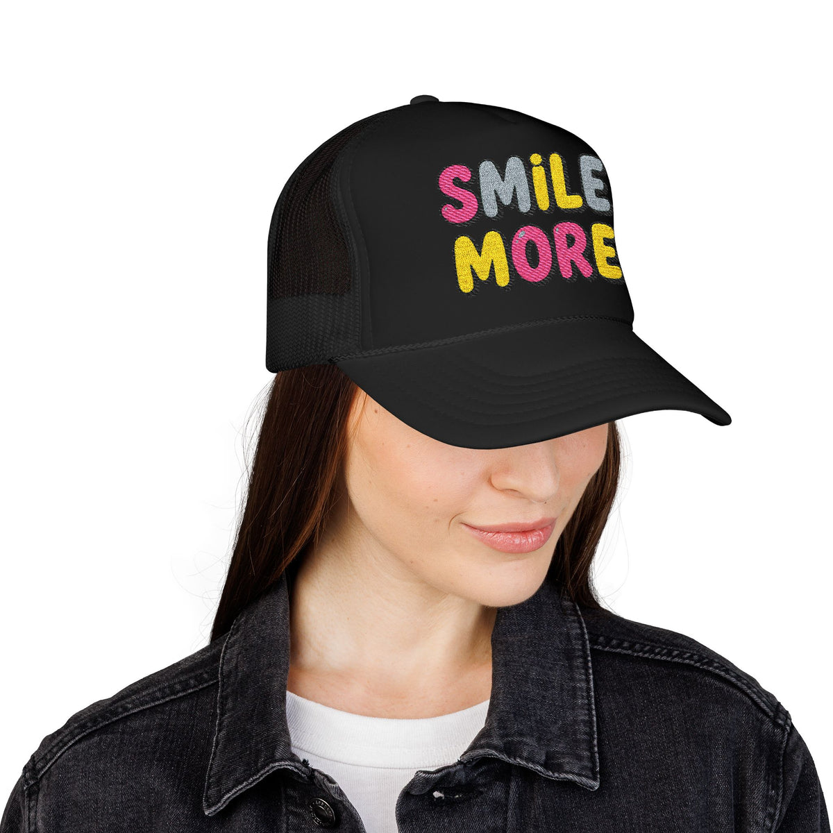Smile More Foam Trucker Hat — Colorful Cheerful Graphic Cap
