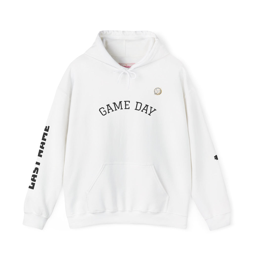 Volleyball Mom Hoodie - "Game Day" Pullover with Leopard & Volleyball Graphic, Custom Last Name Sleeve