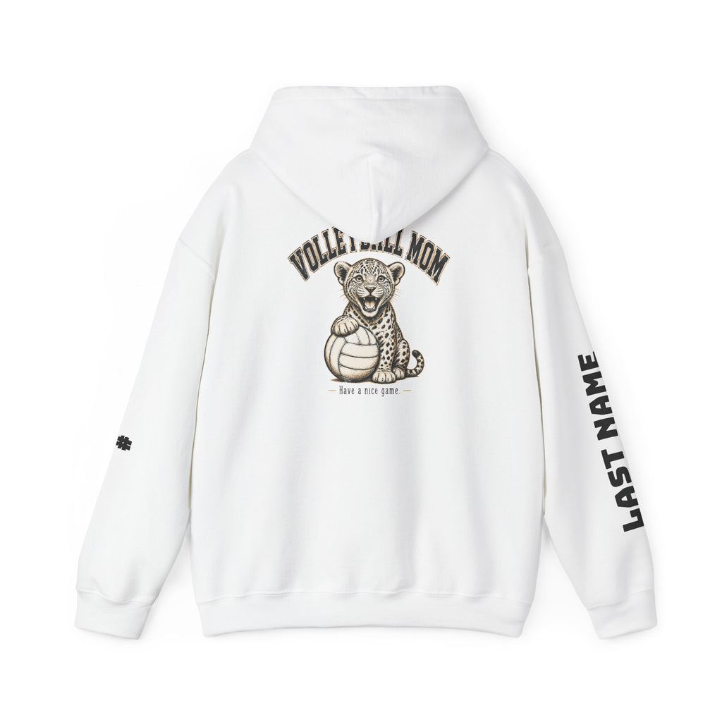 Volleyball Mom Hoodie - "Game Day" Pullover with Leopard & Volleyball Graphic, Custom Last Name Sleeve