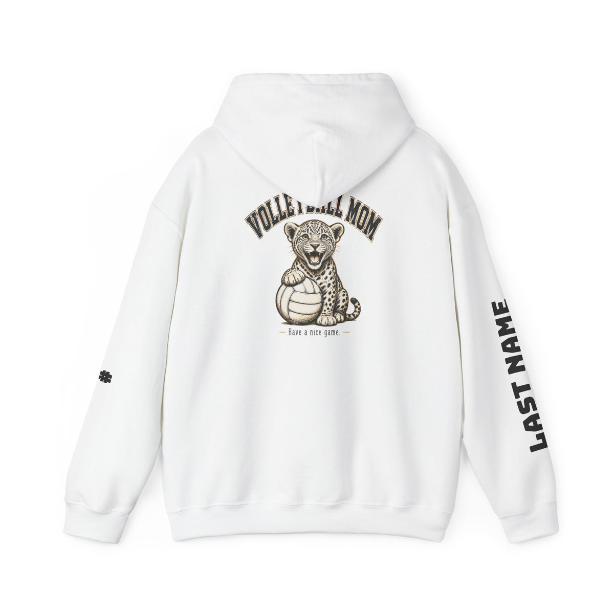 Volleyball Mom Hoodie - "Game Day" Pullover with Leopard & Volleyball Graphic, Custom Last Name Sleeve