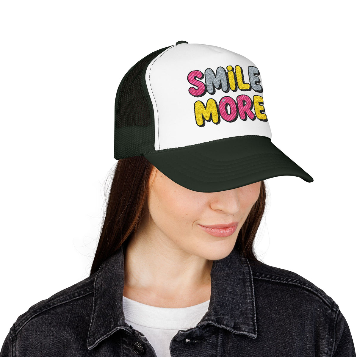 Smile More Foam Trucker Hat — Colorful Cheerful Graphic Cap