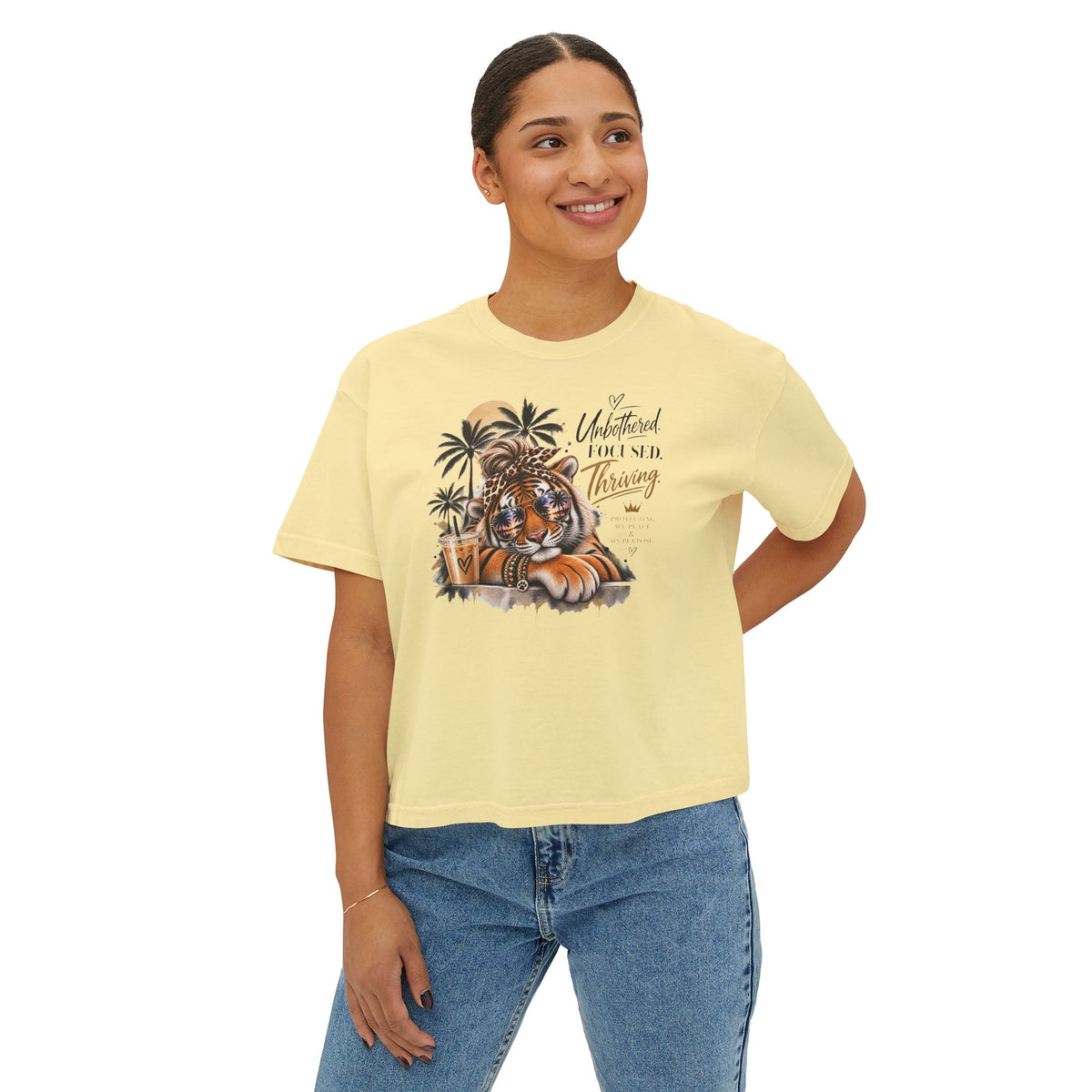 Women's Boxy Tee — 'Untethered I Flourish Thriving' Tiger Palm Graphic Tee