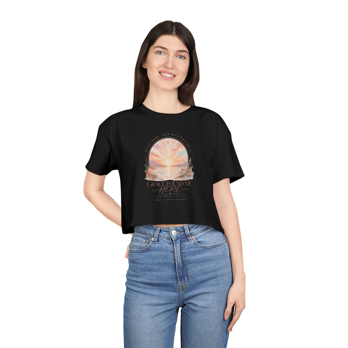 Sunset Arch Crop Tee — "Good Vibes Only" Pastel Boho Graphic