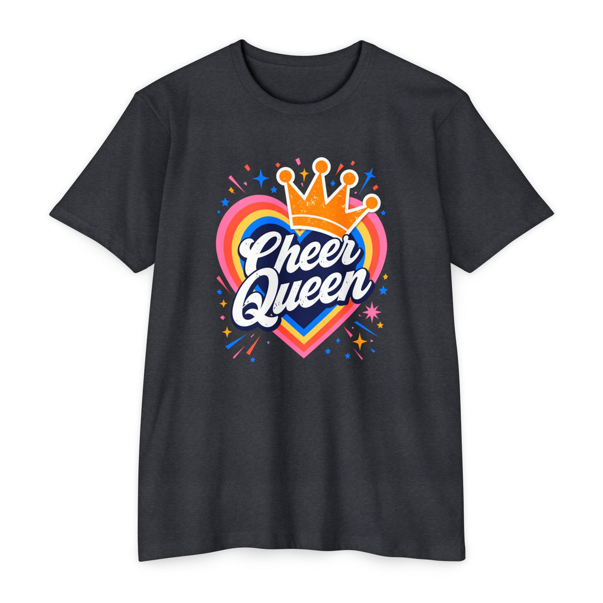 Cheer Queen T-Shirt — Colorful Heart Crown Cheerleader Tee