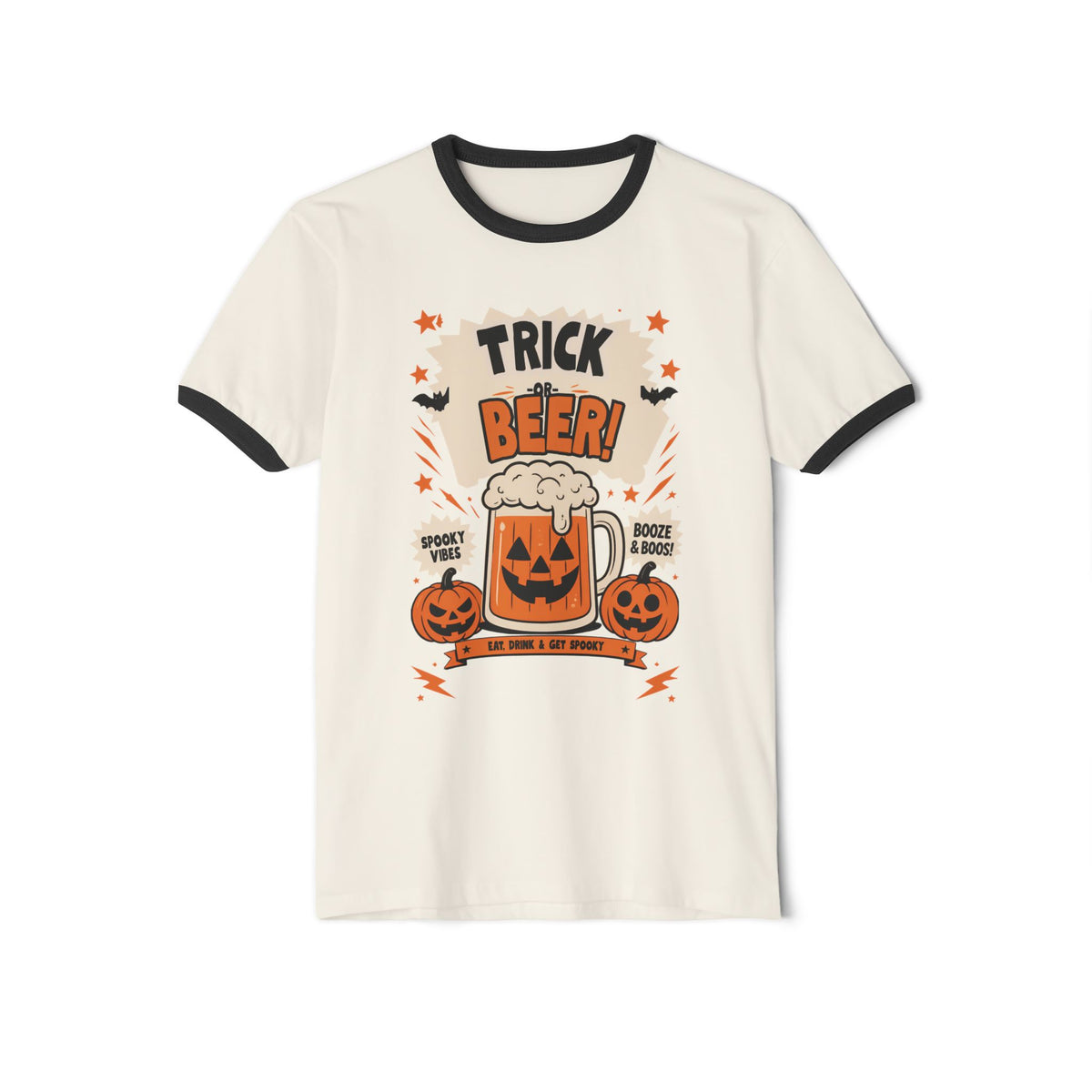 Halloween 'Trick Beer!' Ringer T-Shirt — Pumpkin Beer Mug Graphic
