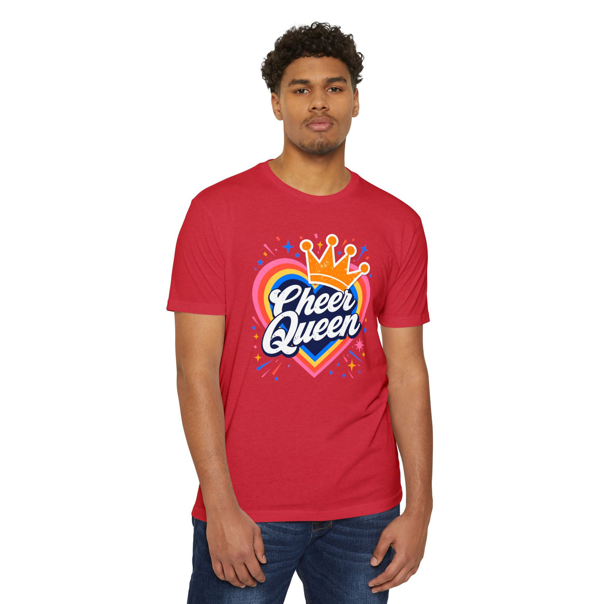 Cheer Queen T-Shirt — Colorful Heart Crown Cheerleader Tee