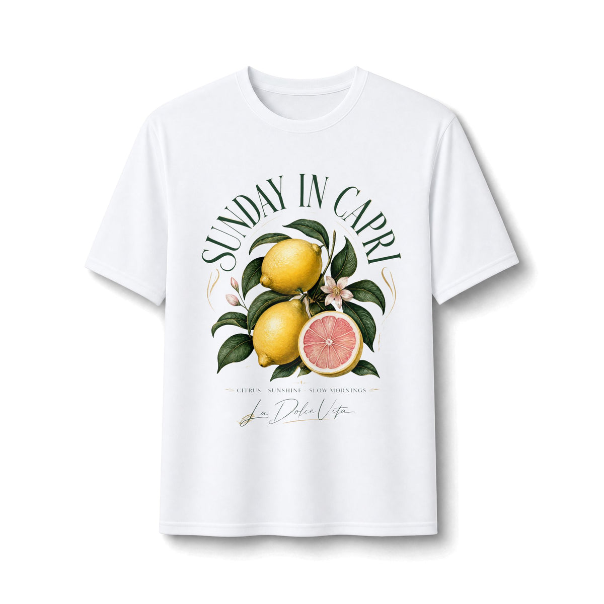 Sunday in Capri Lemon Graphic Tee — Citrus Travel Vibe Performance Shirt