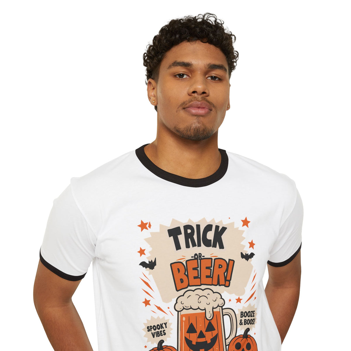 Halloween 'Trick Beer!' Ringer T-Shirt — Pumpkin Beer Mug Graphic