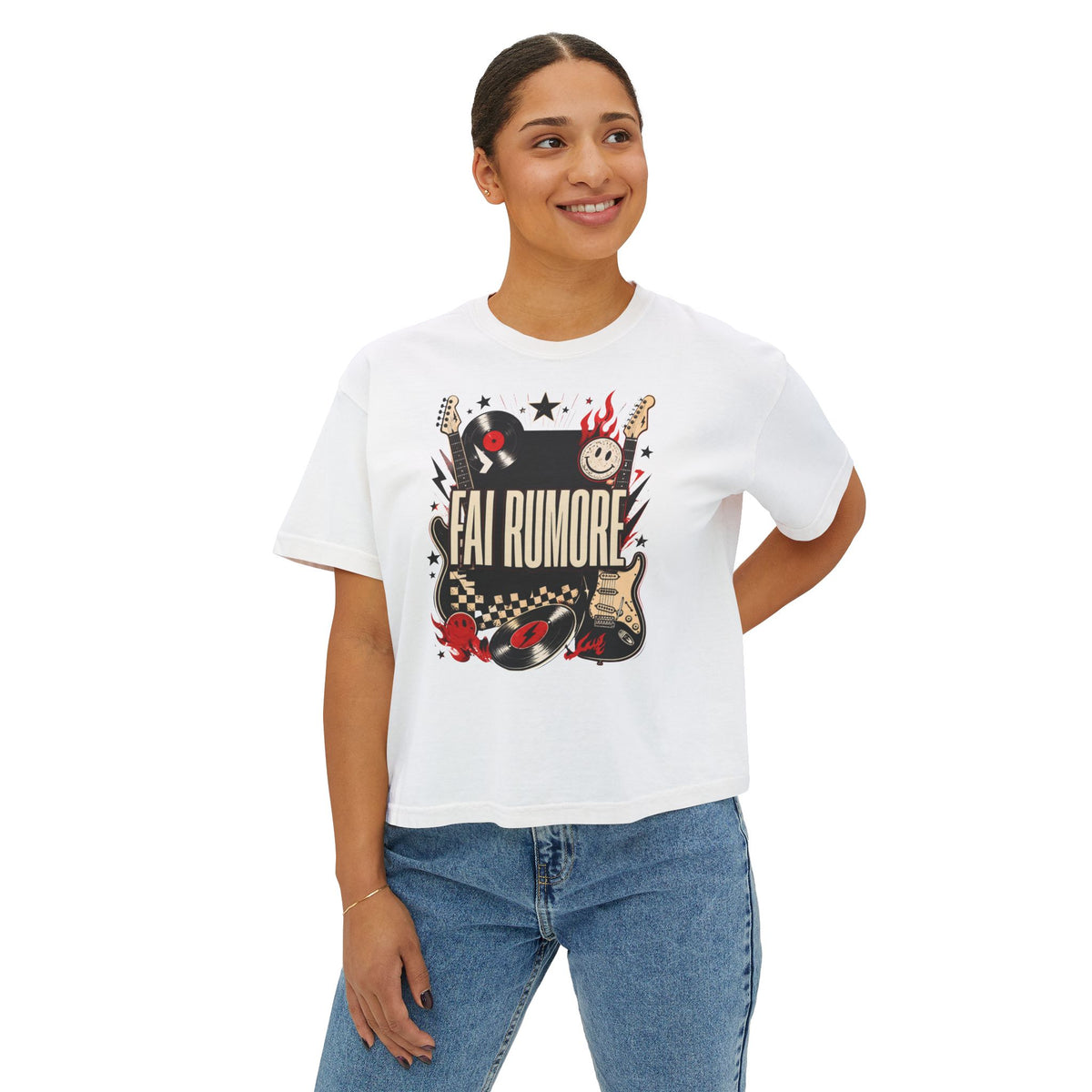 Fai Rumore Graphic Boxy Tee - Vintage Rock Guitar & Vinyl Shirt