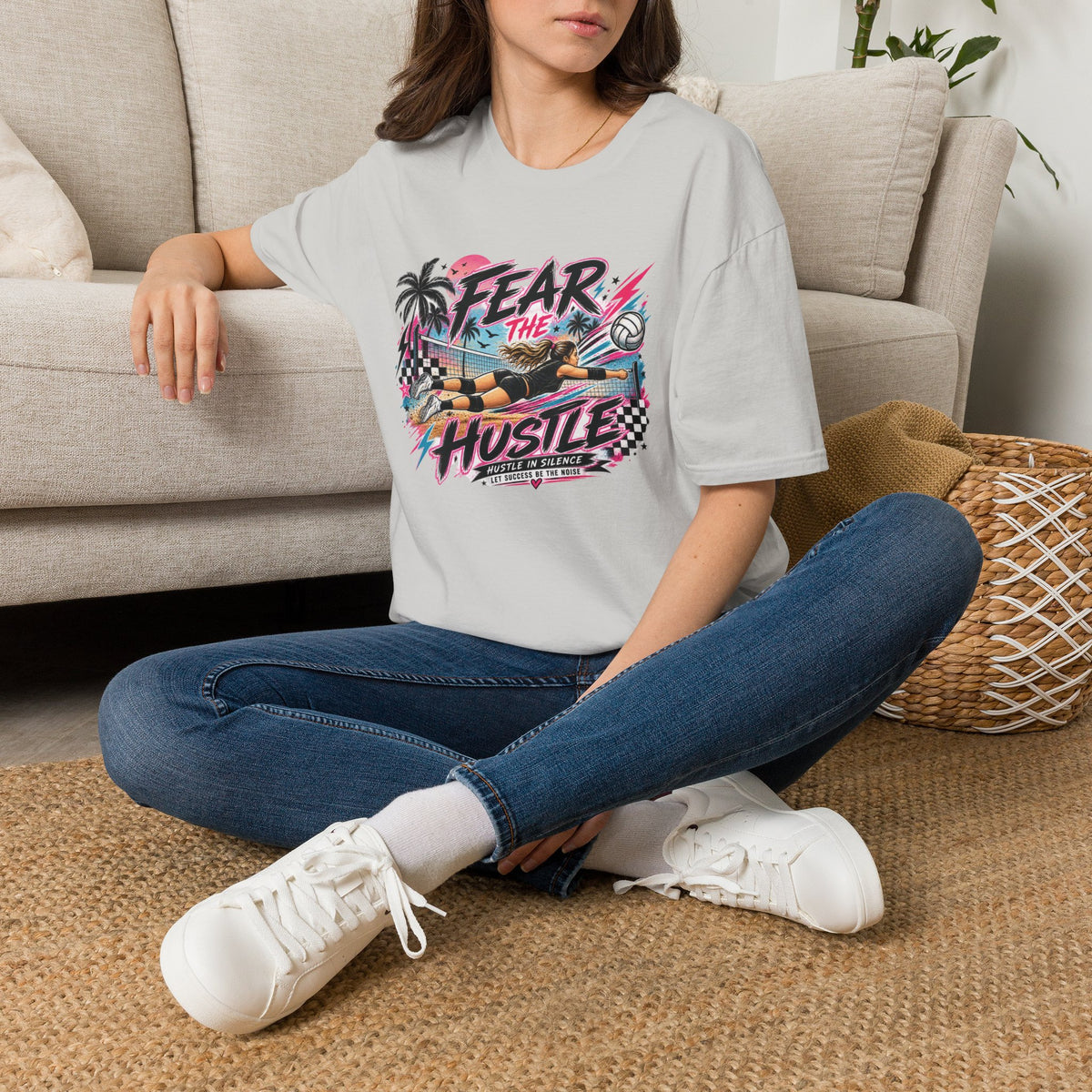 Fear The Hustle Volleyball T-Shirt — Retro Palm Beach Volleyball Tee