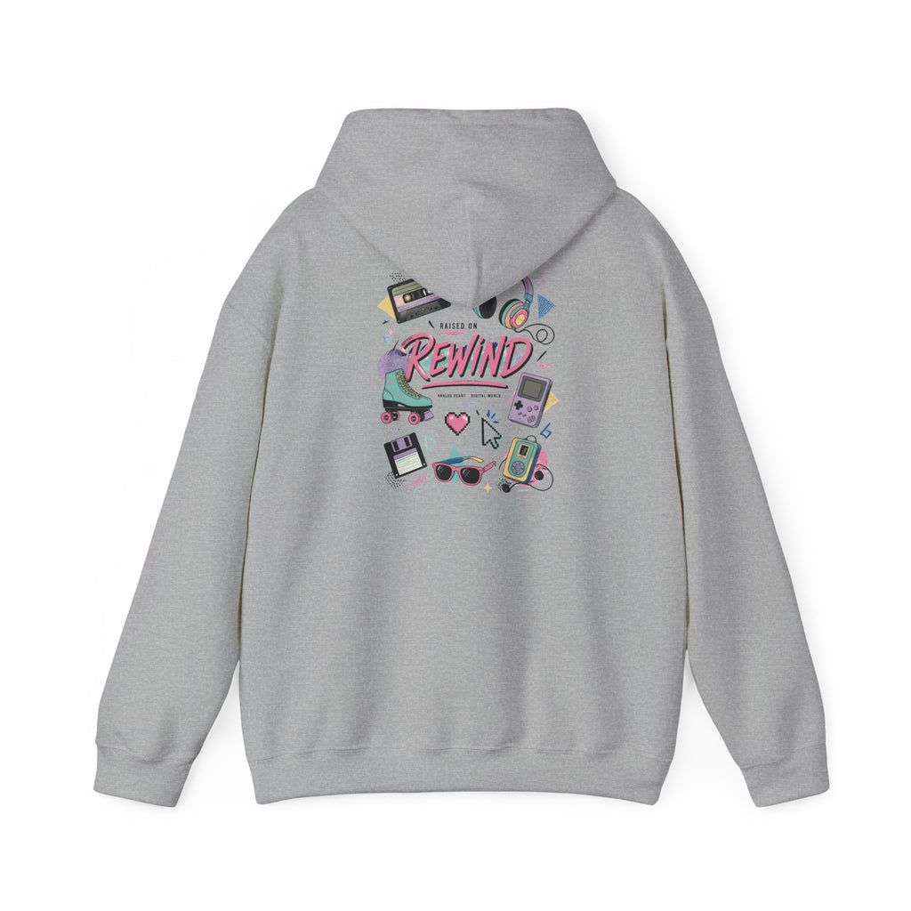 Rewind Retro Hoodie — 'Raise On Rewind' Vintage 90s Electronics Graphic Pullover