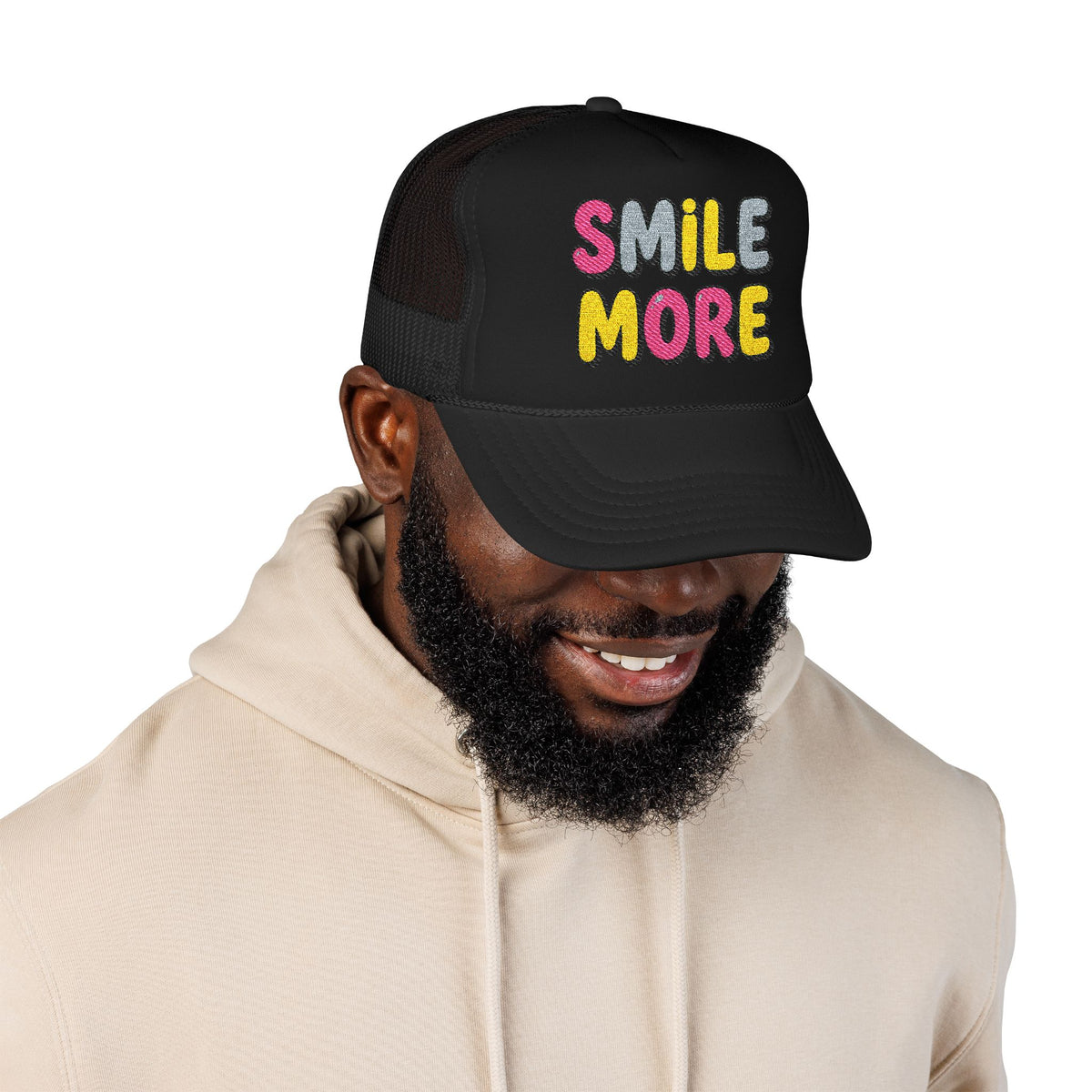 Smile More Foam Trucker Hat — Colorful Cheerful Graphic Cap