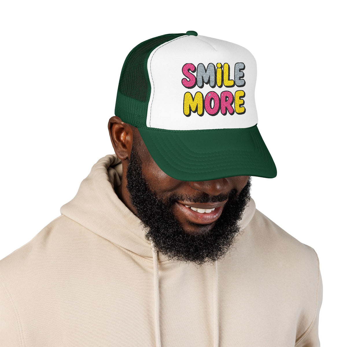 Smile More Foam Trucker Hat — Colorful Cheerful Graphic Cap