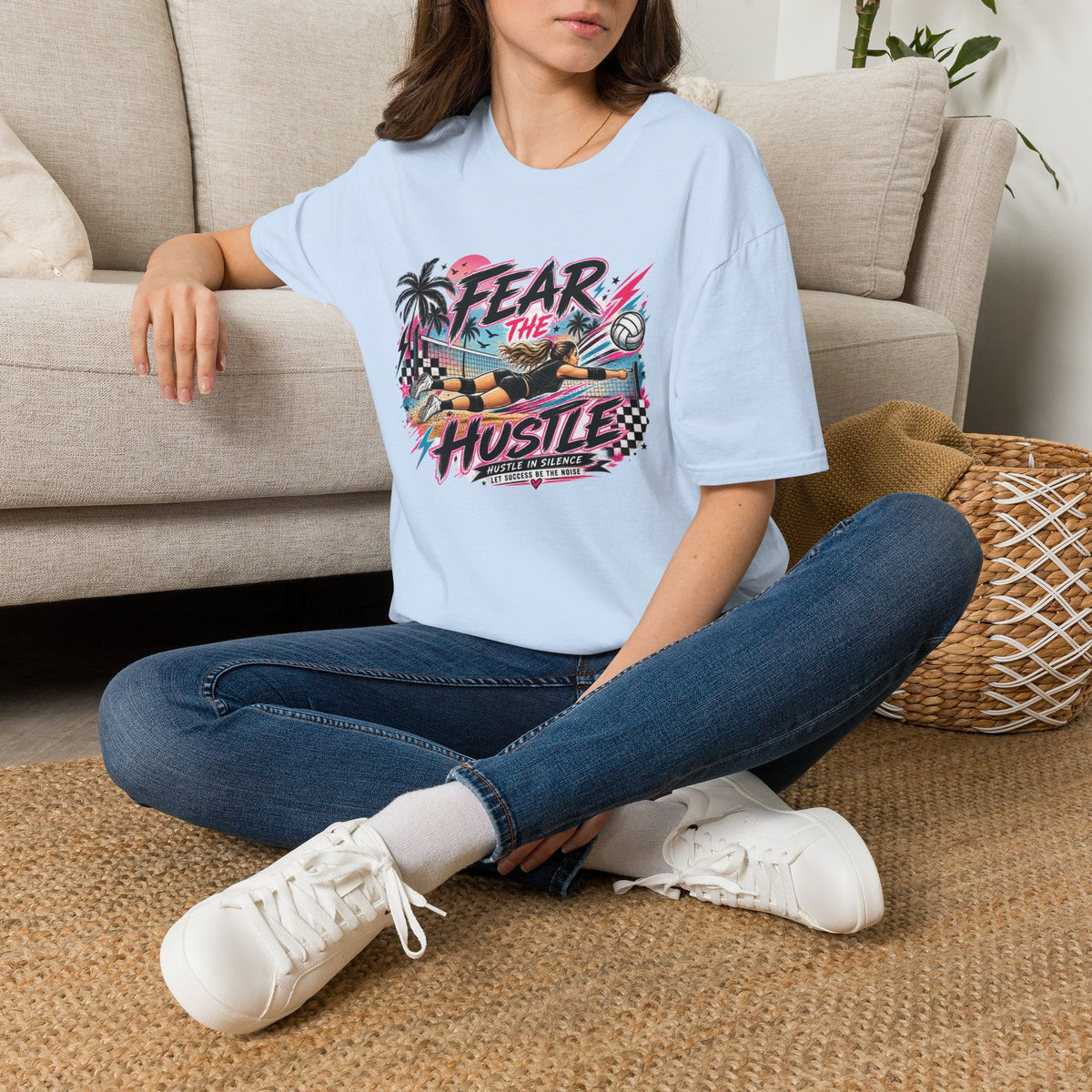 Fear The Hustle Volleyball T-Shirt — Retro Palm Beach Volleyball Tee