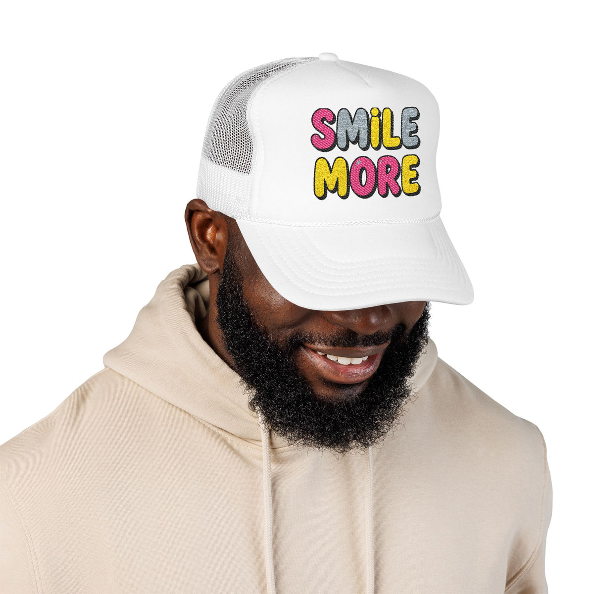 Smile More Foam Trucker Hat — Colorful Cheerful Graphic Cap