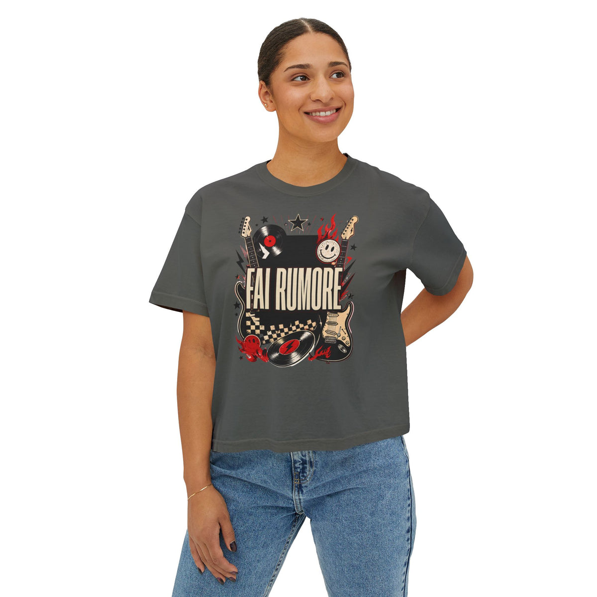 Fai Rumore Graphic Boxy Tee - Vintage Rock Guitar & Vinyl Shirt