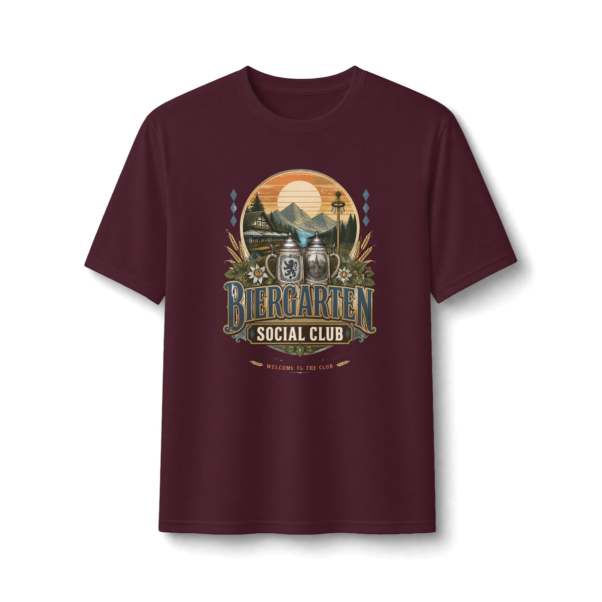 Biergarten Social Club Performance Tee — Vintage Beer Garden Graphic Shirt