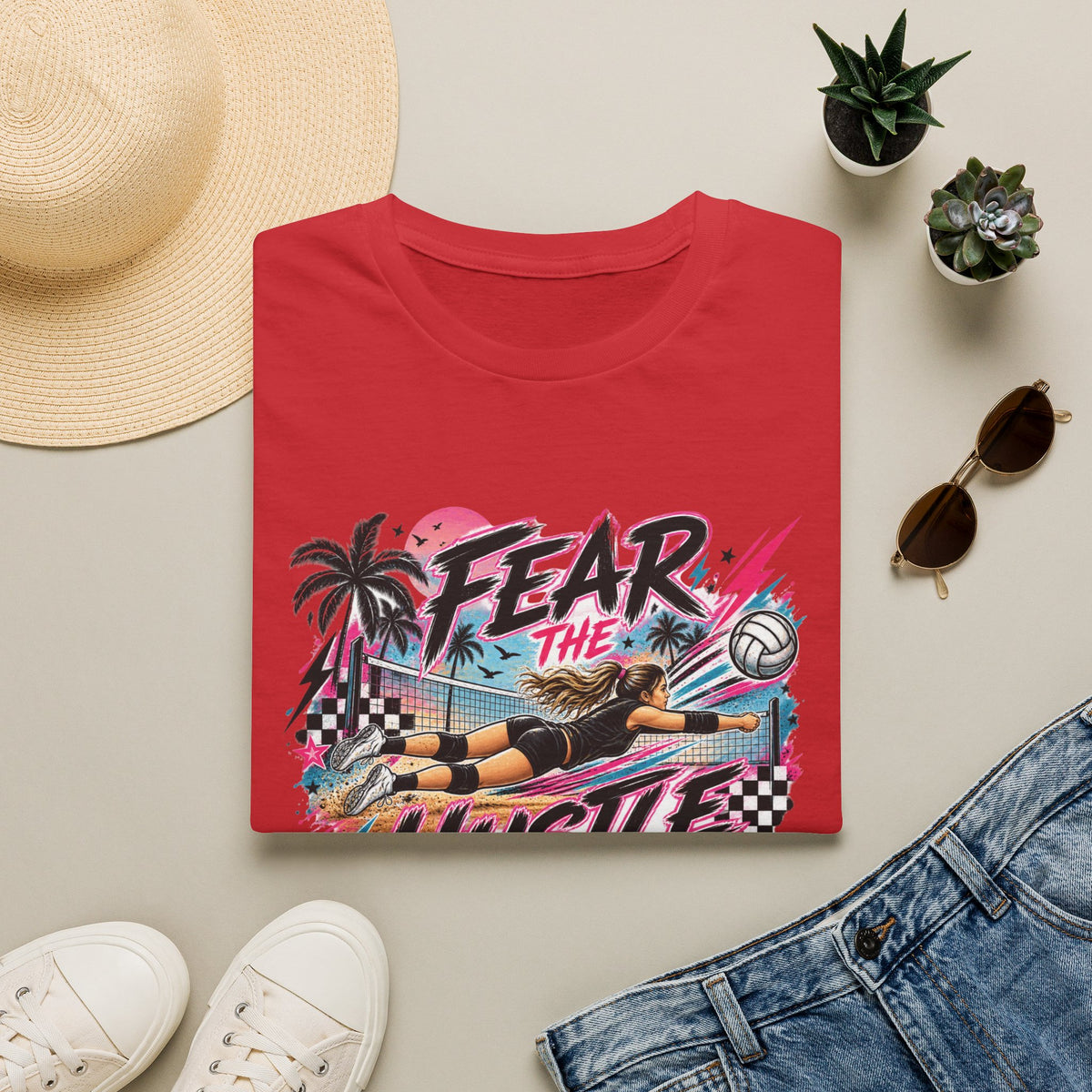 Fear The Hustle Volleyball T-Shirt — Retro Palm Beach Volleyball Tee