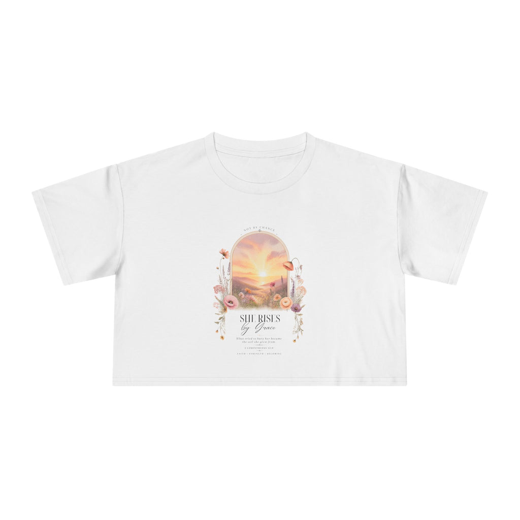 Sunset Floral Crop Tee — 'She Rises' Inspirational Women's Graphic Top