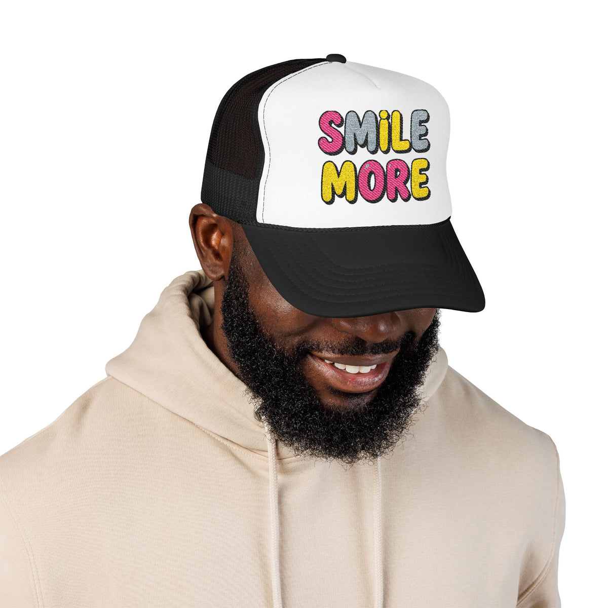 Smile More Foam Trucker Hat — Colorful Cheerful Graphic Cap