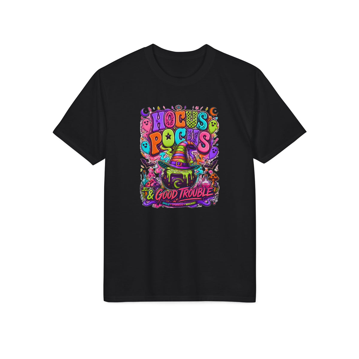 Hocus Pocus & Good Trouble Graphic T-Shirt — Colorful Halloween Witch Design