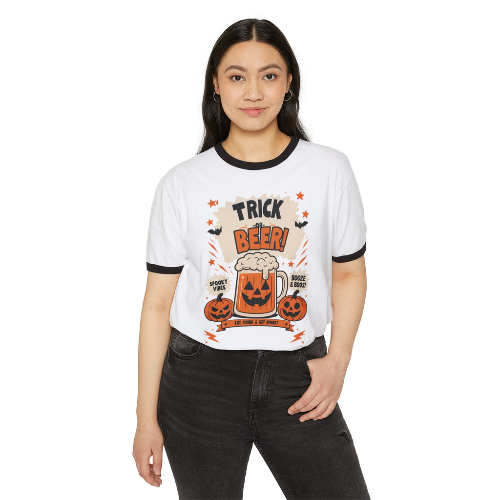 Halloween 'Trick Beer!' Ringer T-Shirt — Pumpkin Beer Mug Graphic