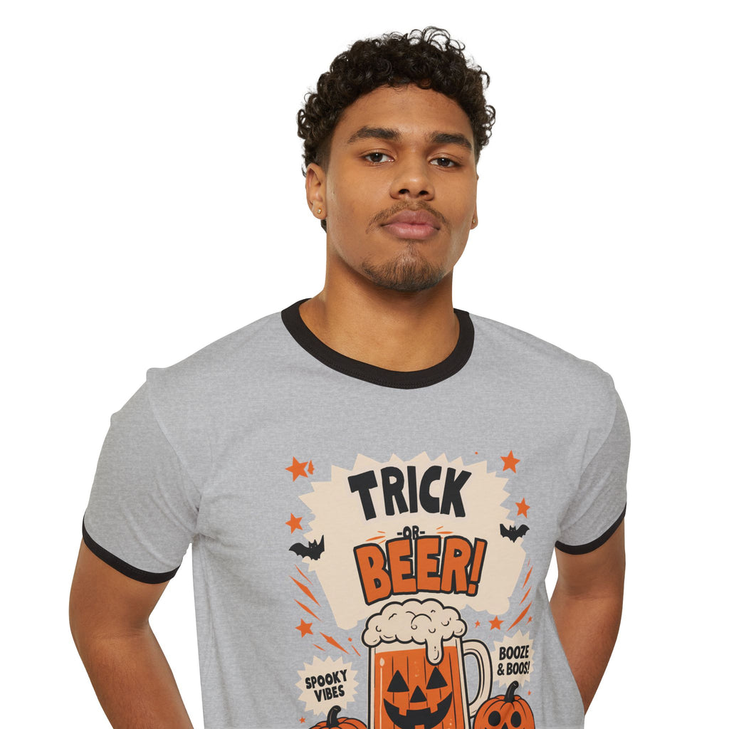 Halloween 'Trick Beer!' Ringer T-Shirt — Pumpkin Beer Mug Graphic