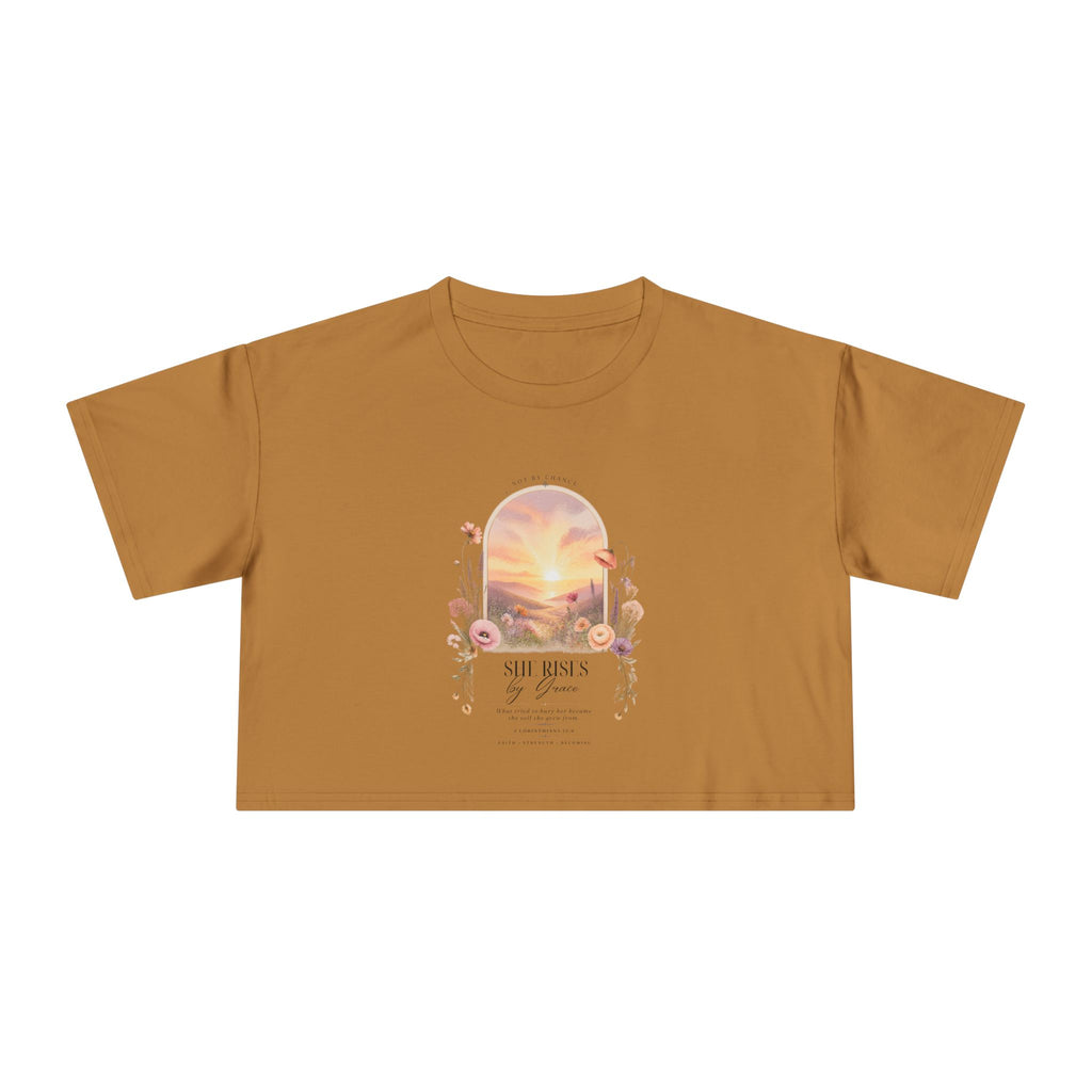 Sunset Floral Crop Tee — 'She Rises' Inspirational Women's Graphic Top