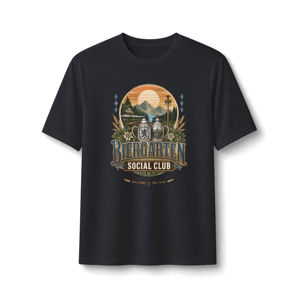 Biergarten Social Club Performance Tee — Vintage Beer Garden Graphic Shirt