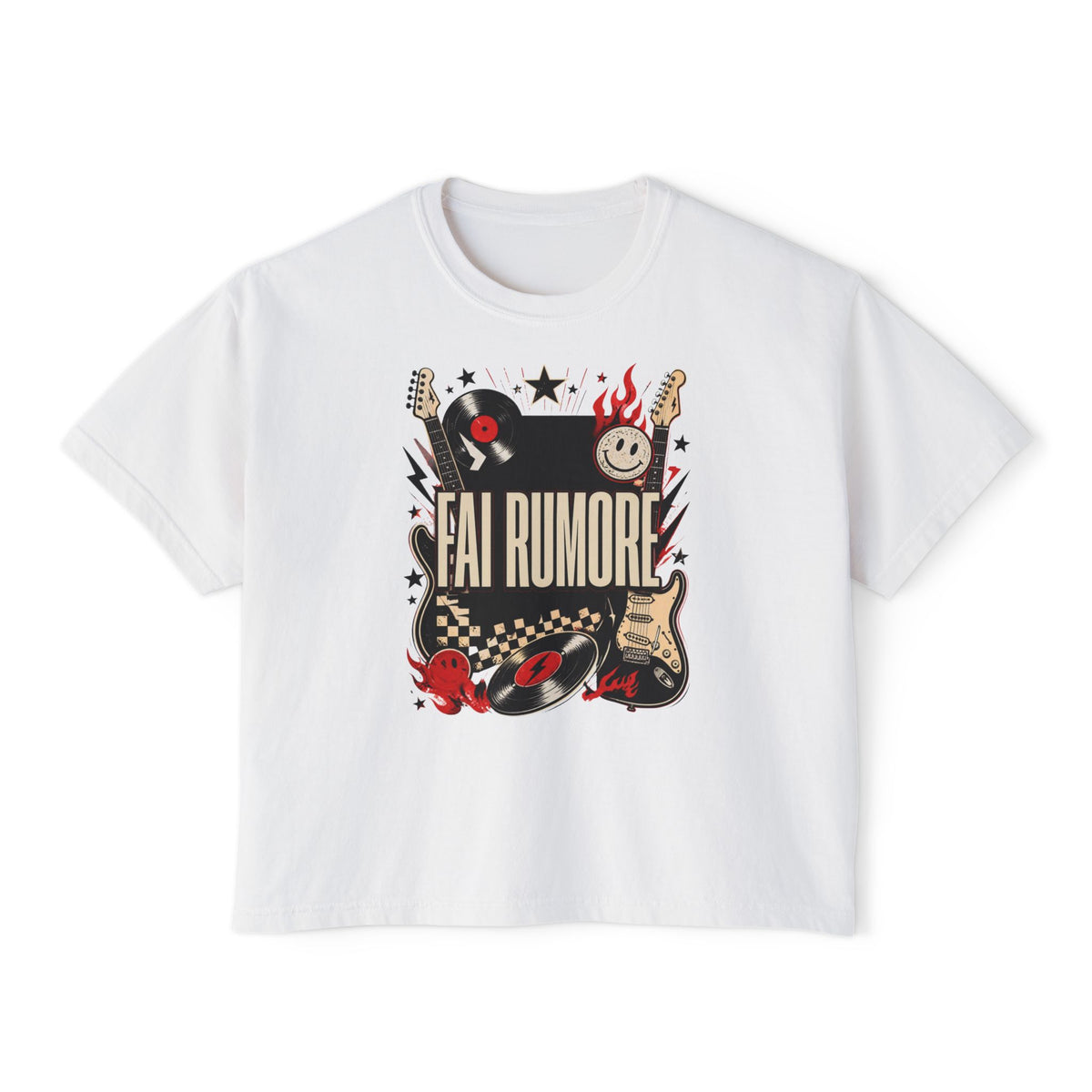 Fai Rumore Graphic Boxy Tee - Vintage Rock Guitar & Vinyl Shirt