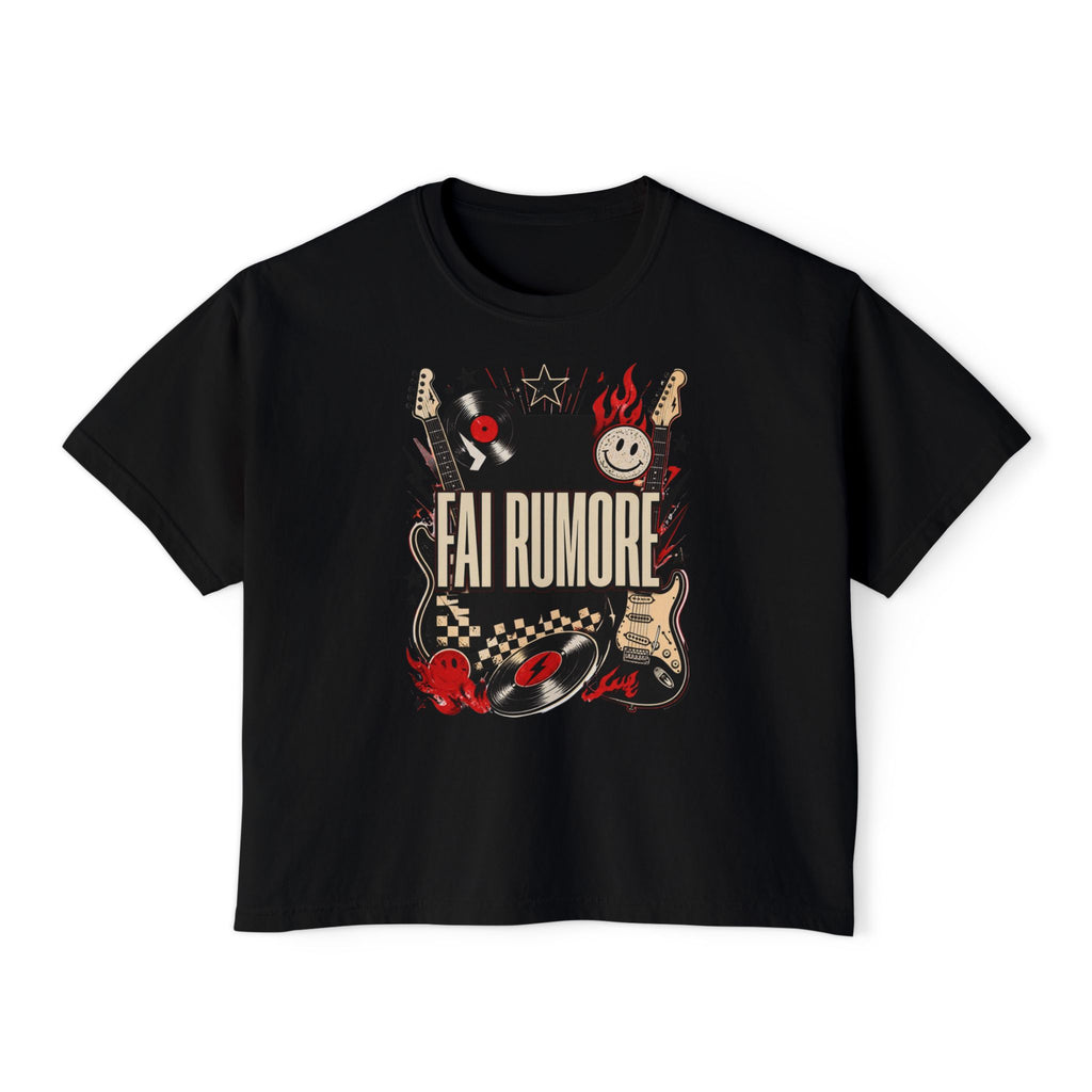 Fai Rumore Graphic Boxy Tee - Vintage Rock Guitar & Vinyl Shirt