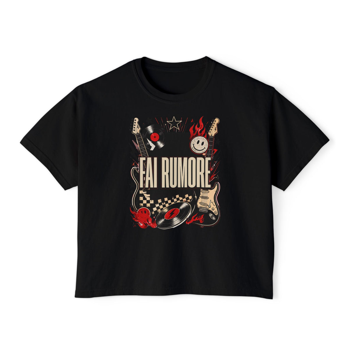 Fai Rumore Graphic Boxy Tee - Vintage Rock Guitar & Vinyl Shirt