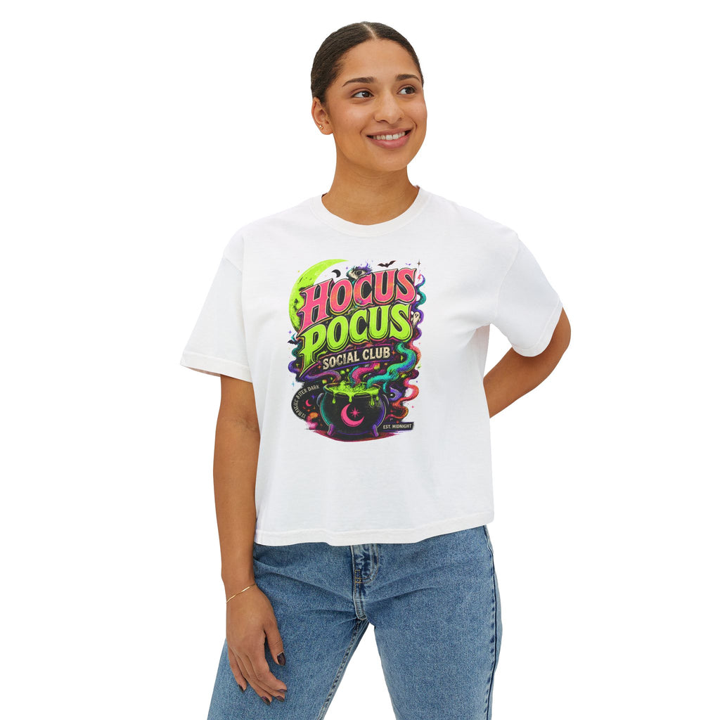 Hocus Pocus Social Club Boxy Tee — Neon Witchy Halloween Shirt