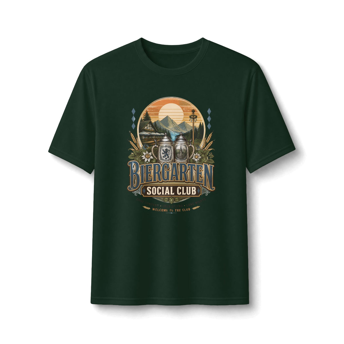 Biergarten Social Club Performance Tee — Vintage Beer Garden Graphic Shirt