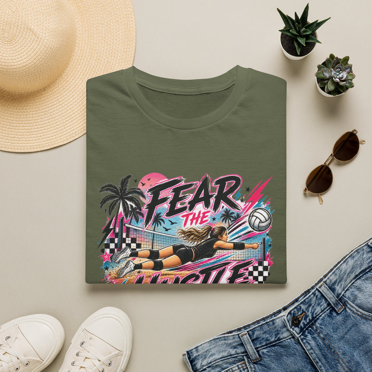 Fear The Hustle Volleyball T-Shirt — Retro Palm Beach Volleyball Tee