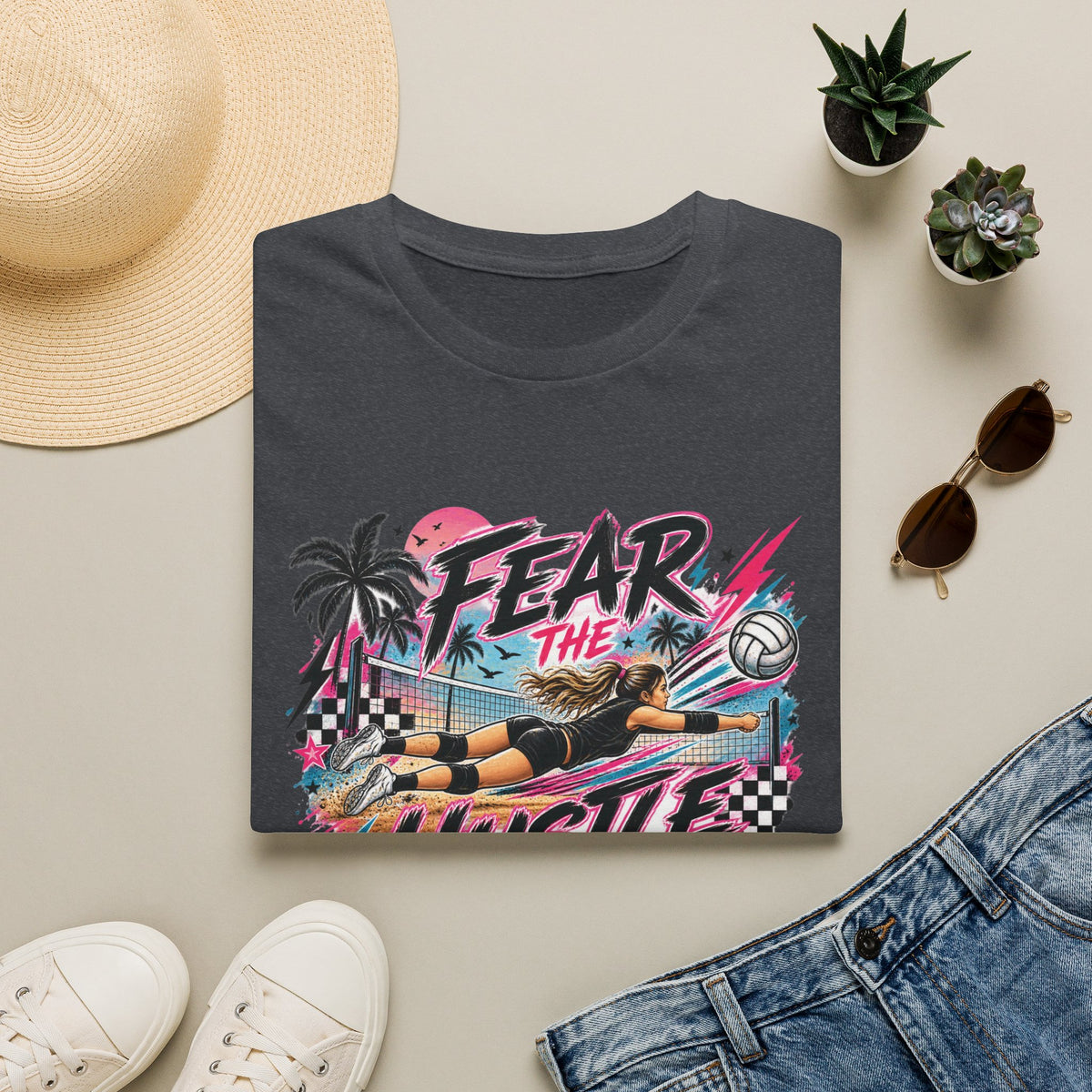 Fear The Hustle Volleyball T-Shirt — Retro Palm Beach Volleyball Tee